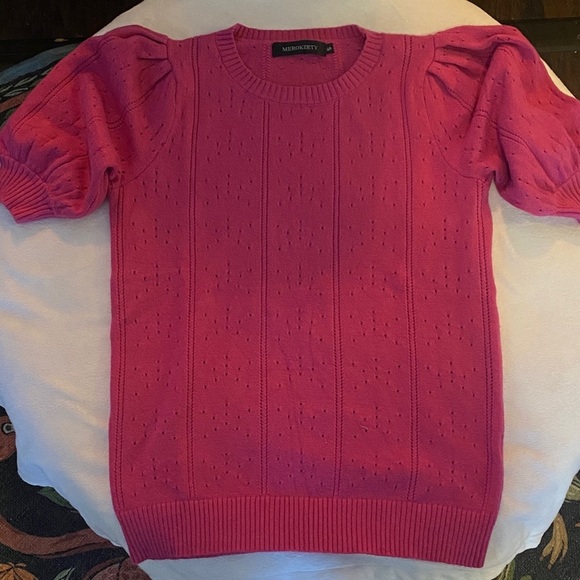 Merokeety Sweaters - Vibrant Pink Puff Sleeve Crew Neck Sweater
